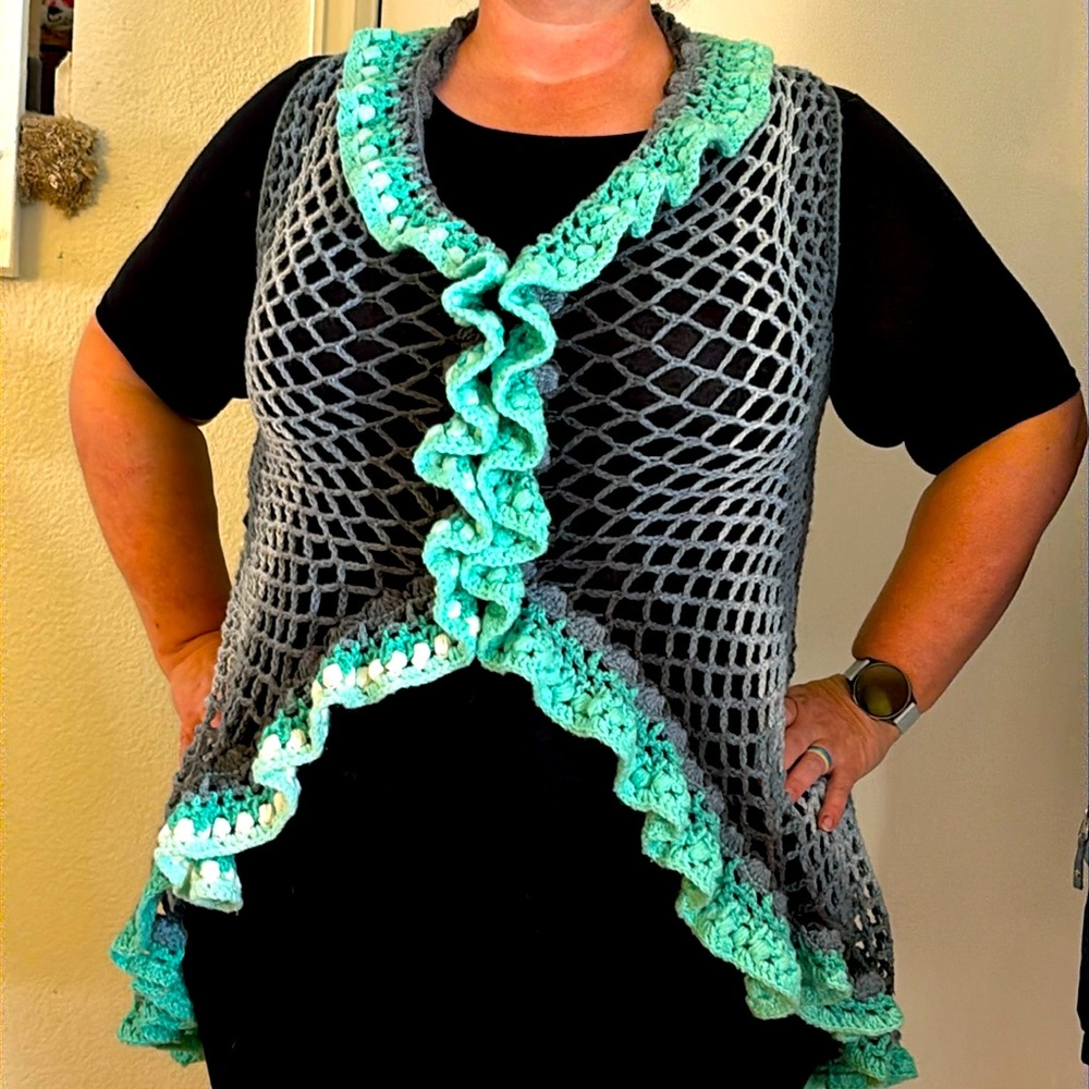 Teal and Grey Handmade Crocheted Mandala Sweater Vest
